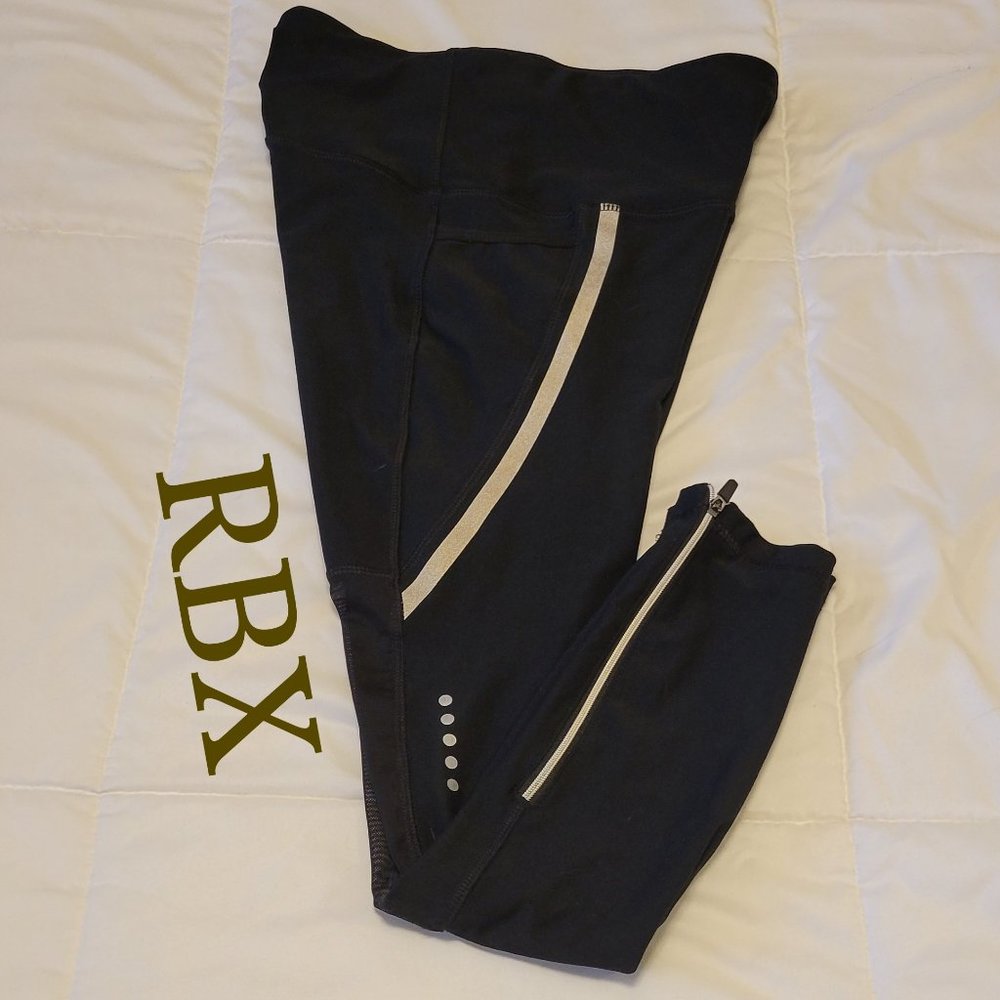 RBX black leggings reflective gold stripe sheer leg zip ankle sz: S/P ( NWOT )